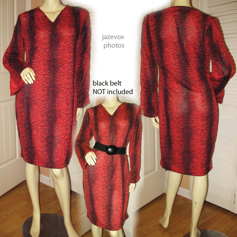 Vintage 80s 90s Dani Max Womens V-Neck Dress 4 Slit Long Sleeve Red Animal Print